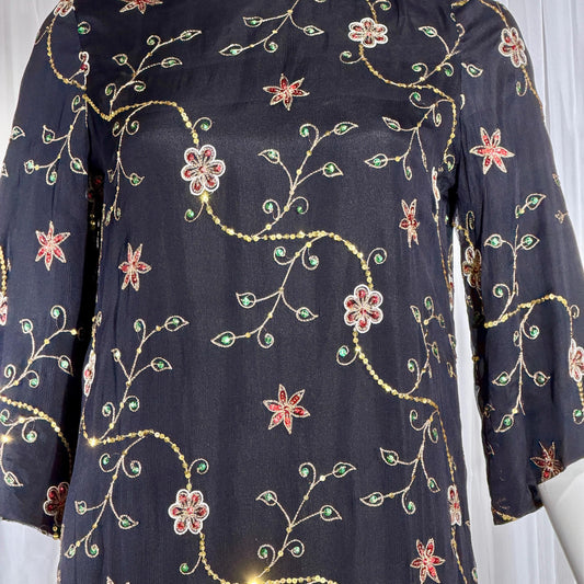 PROFILS du MONDE vintage 1960s caftan dress, Beverly Hills Designer Black Silk embroidered sequin kaftan evening dress
