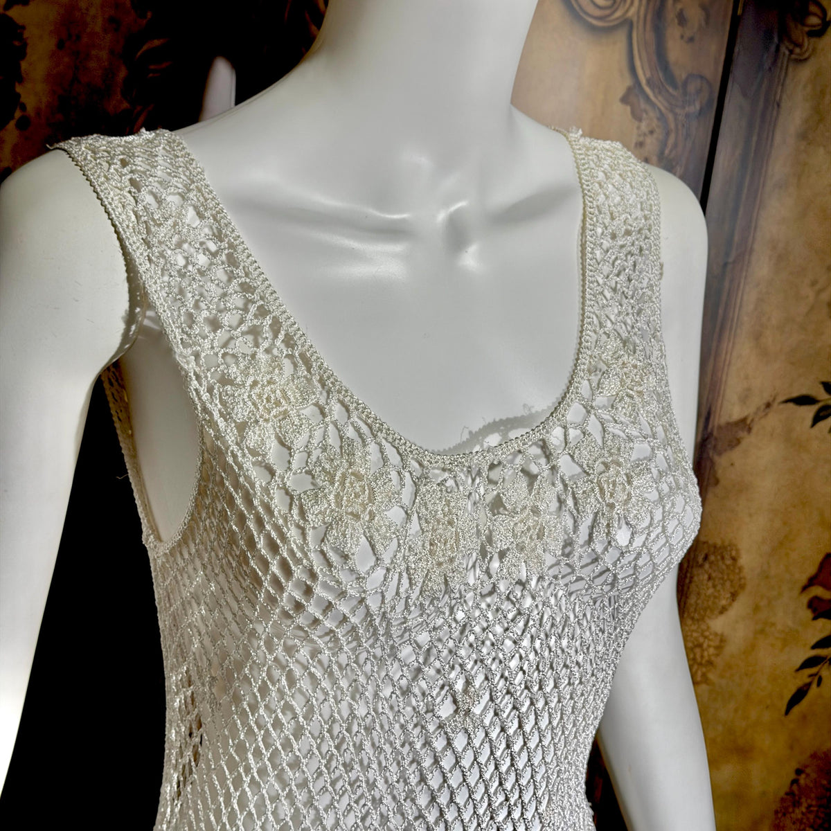Vintage 1990s Crochet Slip Dress, White Stretchy Knit Tank Cover Up Midi Gown