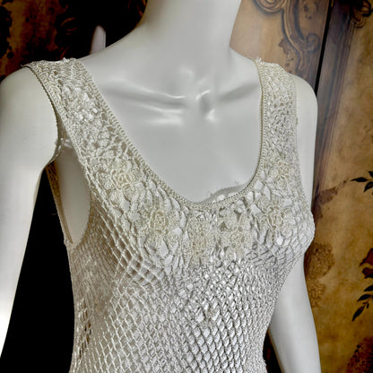 Vintage 1990s Crochet Slip Dress, White Stretchy Knit Tank Cover Up Midi Gown