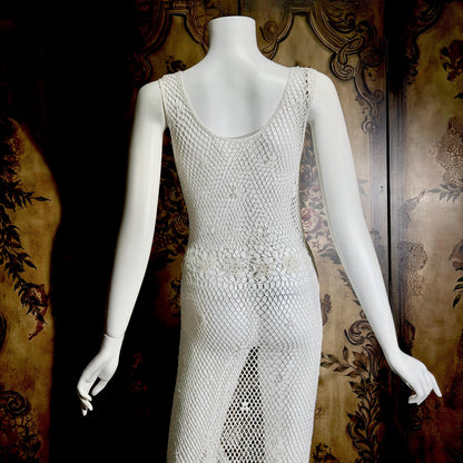 Vintage 1990s Crochet Slip Dress, White Stretchy Knit Tank Cover Up Midi Gown