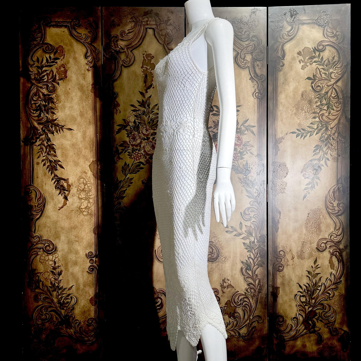 Vintage 1990s Crochet Slip Dress, White Stretchy Knit Tank Cover Up Midi Gown