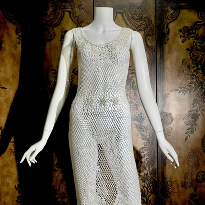Vintage 1990s Crochet Slip Dress, White Stretchy Knit Tank Cover Up Midi Gown