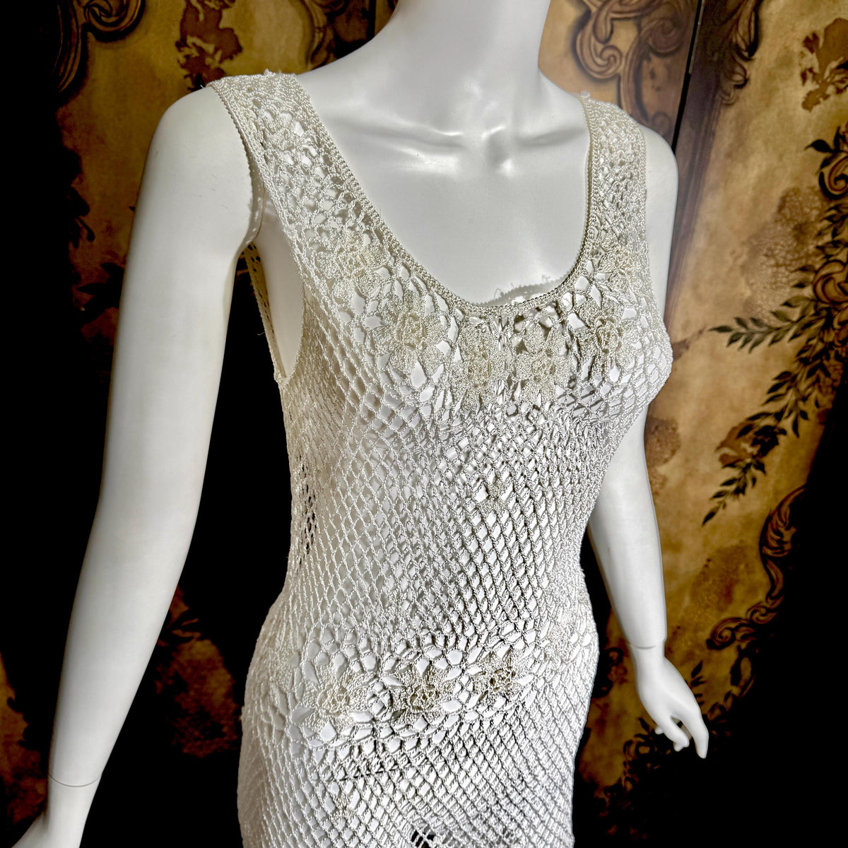 Vintage 1990s Crochet Slip Dress, White Stretchy Knit Tank Cover Up Midi Gown