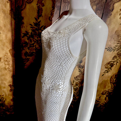 Vintage 1990s Crochet Slip Dress, White Stretchy Knit Tank Cover Up Midi Gown