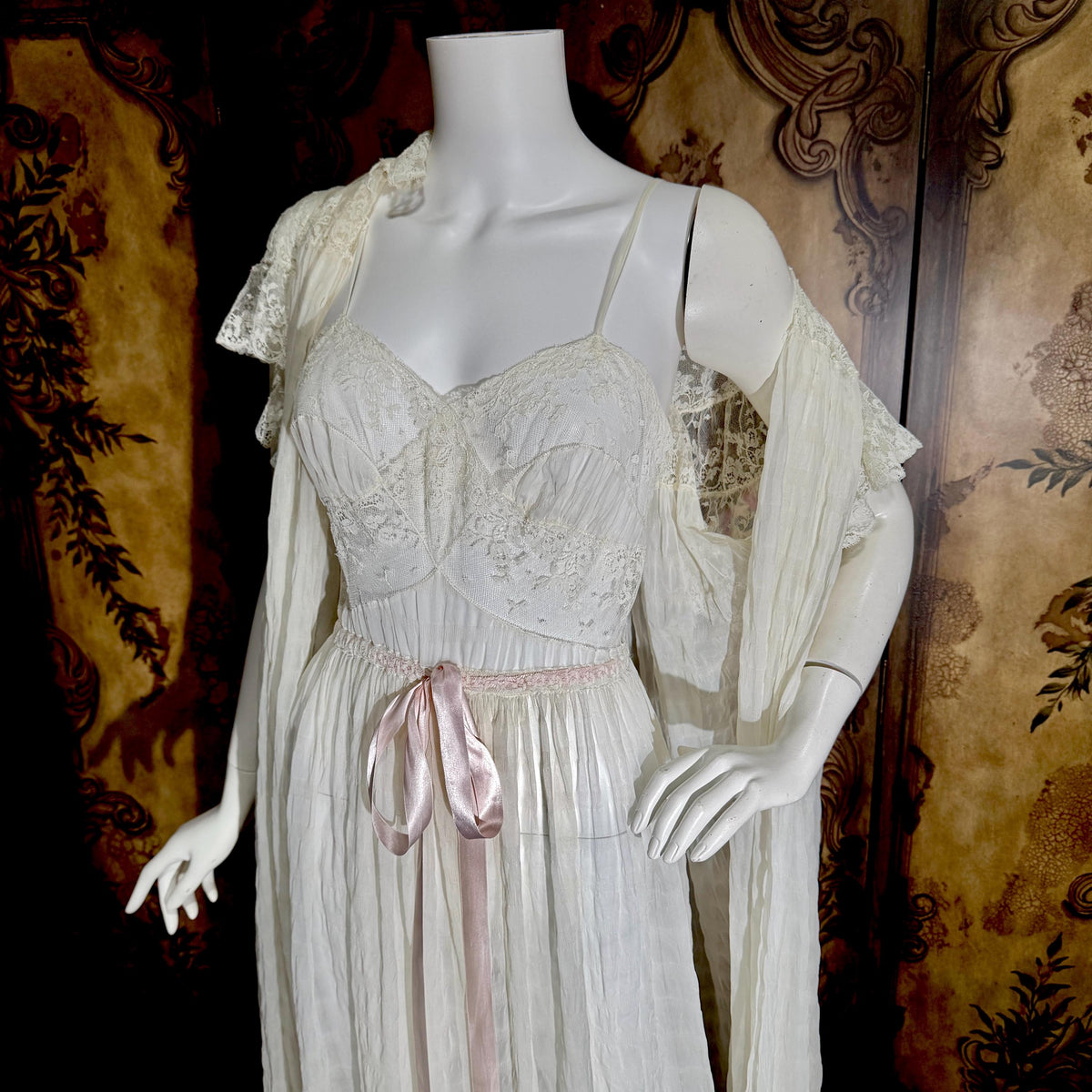 vintage JULIE INC Nightgown robe set, by IRIS ethereal white sheer waffled nylon slip dress dressing gown peignoir set
