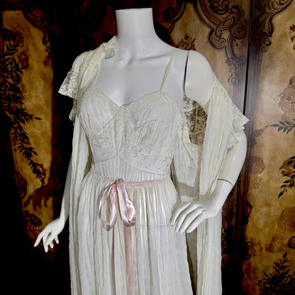 vintage JULIE INC Nightgown robe set, by IRIS ethereal white sheer waffled nylon slip dress dressing gown peignoir set