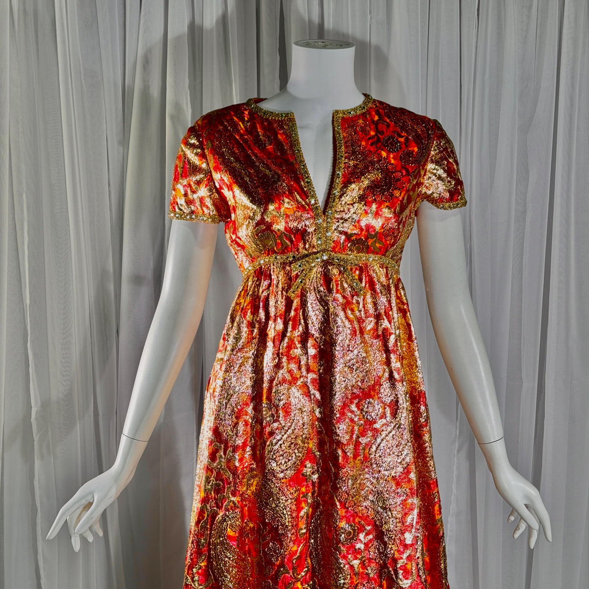 Vintage MALCOLM STARR evening gown, 1960s Bonwit Teller Metallic Brocade Empire Waist dress