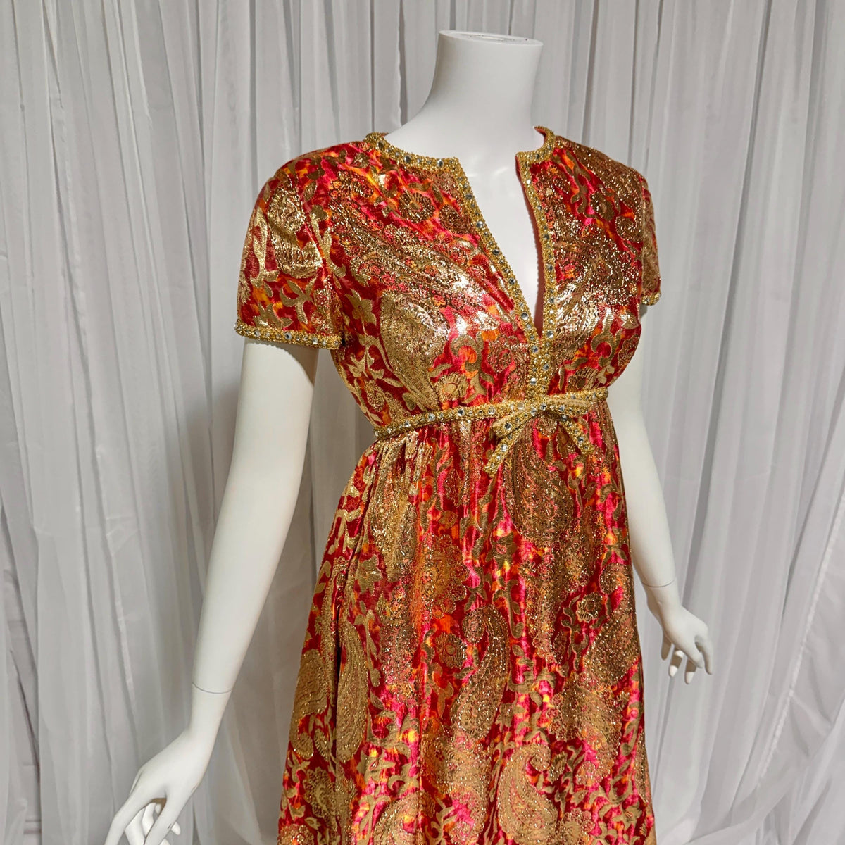 Vintage MALCOLM STARR evening gown, 1960s Bonwit Teller Metallic Brocade Empire Waist dress