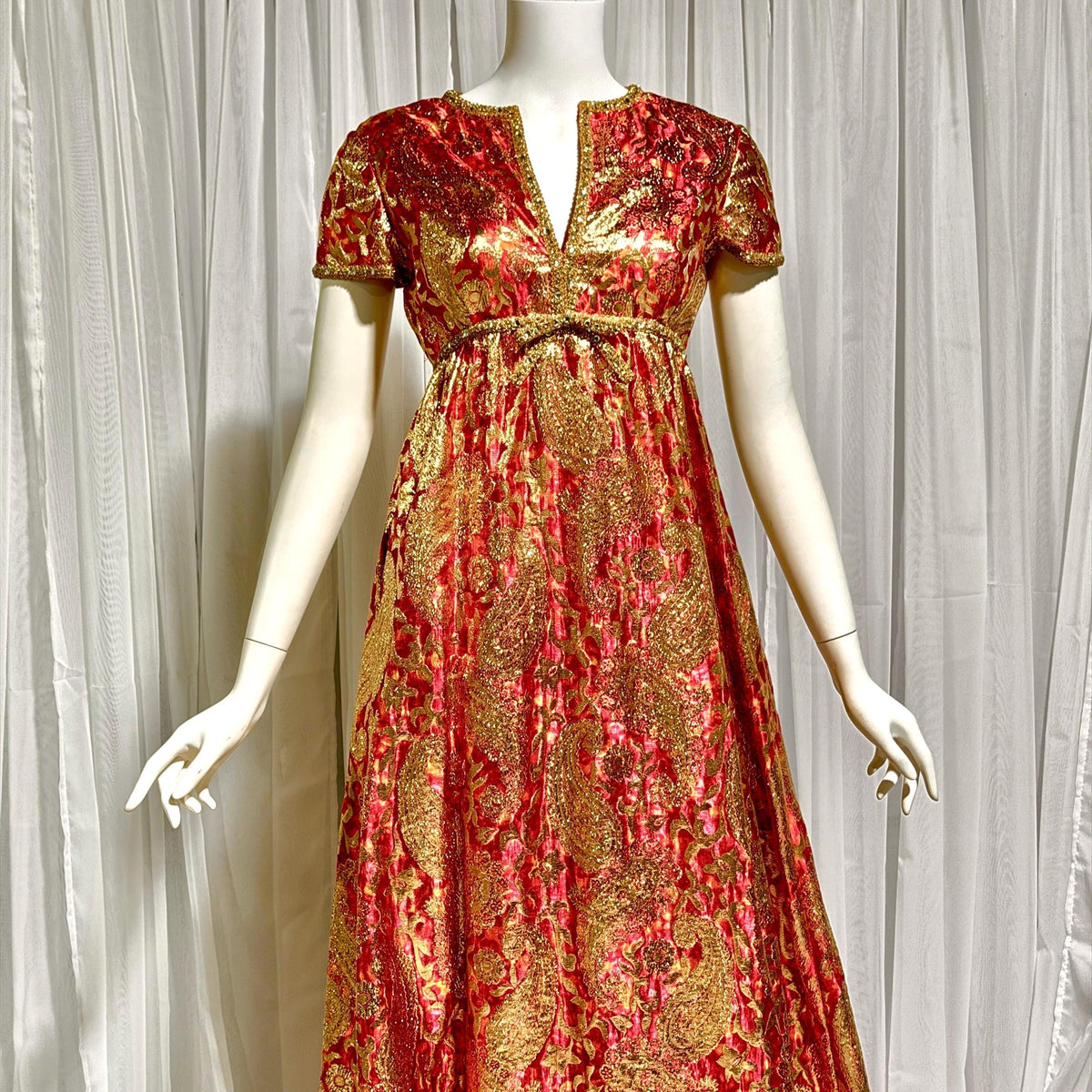 Vintage MALCOLM STARR evening gown, 1960s Bonwit Teller Metallic Brocade Empire Waist dress