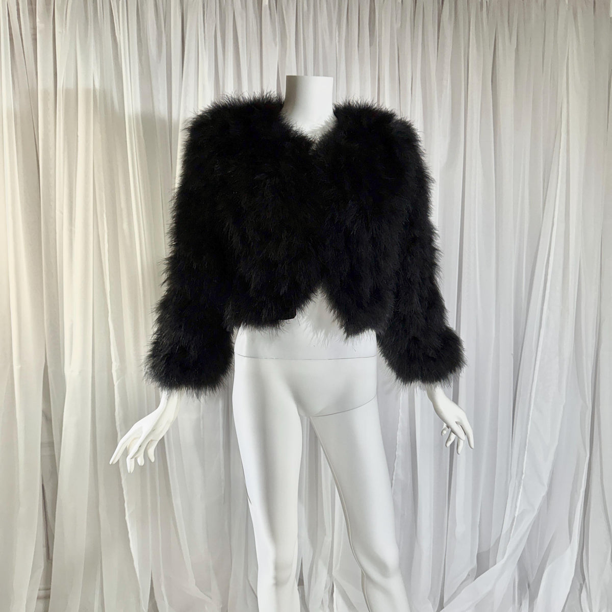 Vintage Marabou feather jacket, 1980s Black cropped evening coat