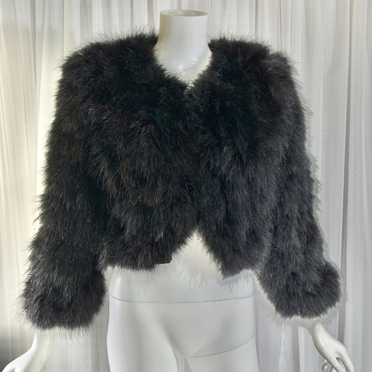 Vintage Marabou feather jacket, 1980s Black cropped evening coat