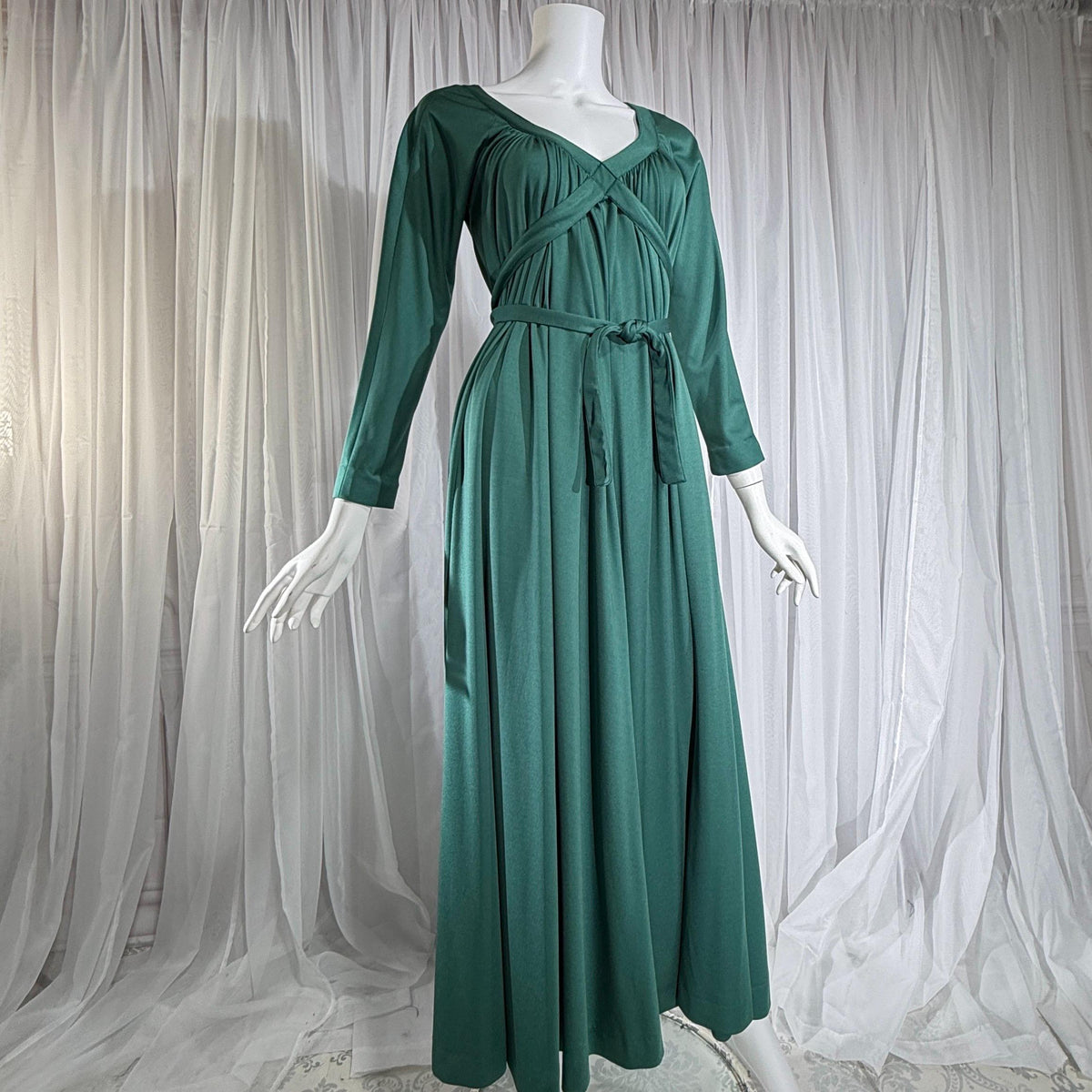 vintage VICTOR COSTA evening dress, 1970s Forest Green jersey knit goddess gown