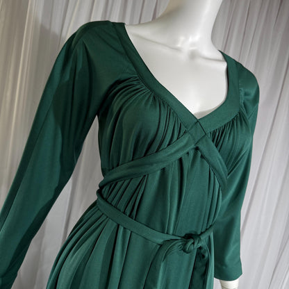 vintage VICTOR COSTA evening dress, 1970s Forest Green jersey knit goddess gown