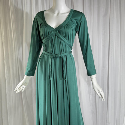vintage VICTOR COSTA evening dress, 1970s Forest Green jersey knit goddess gown