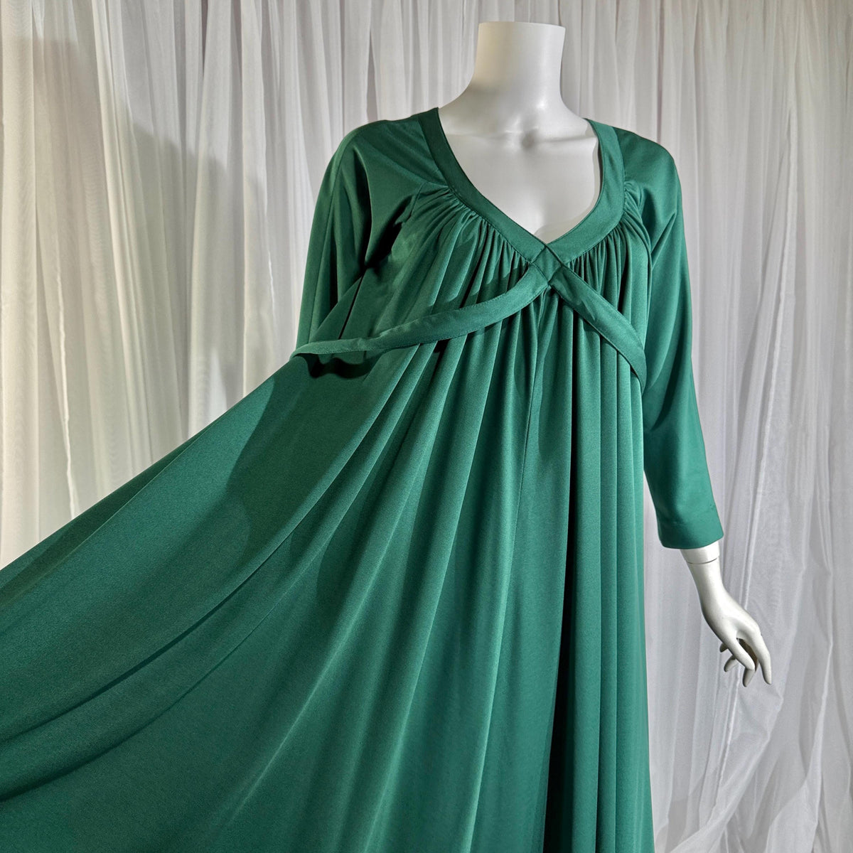 vintage VICTOR COSTA evening dress, 1970s Forest Green jersey knit goddess gown
