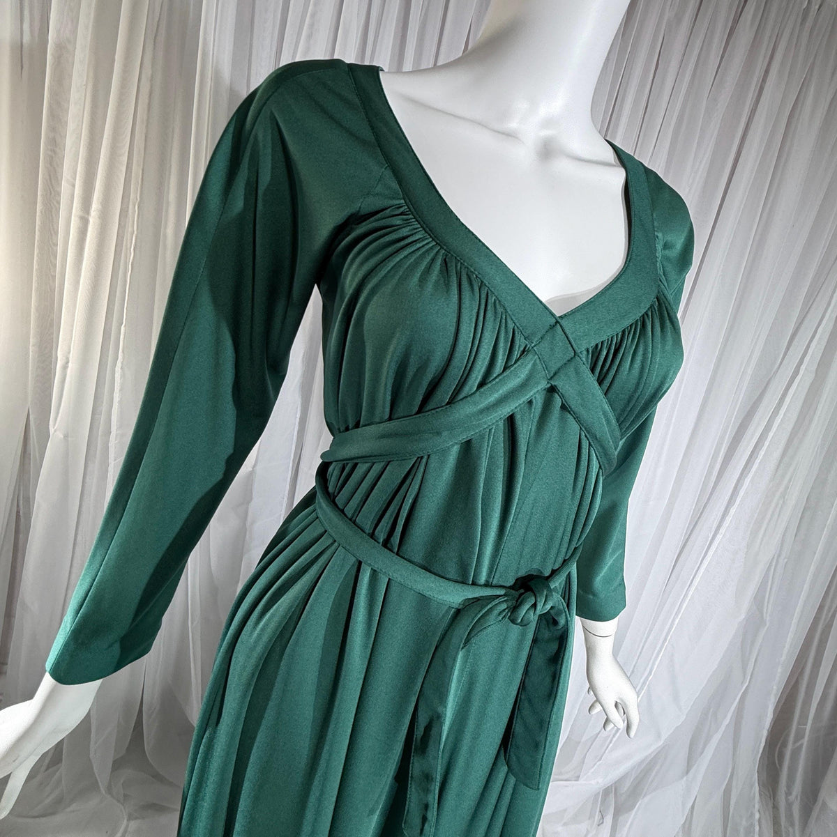vintage VICTOR COSTA evening dress, 1970s Forest Green jersey knit goddess gown