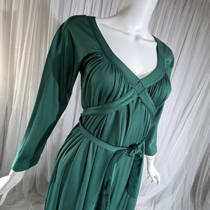 vintage VICTOR COSTA evening dress, 1970s Forest Green jersey knit goddess gown