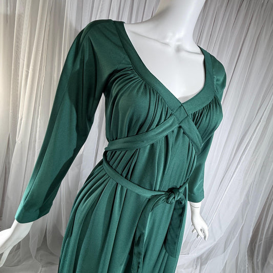 vintage VICTOR COSTA evening dress, 1970s Forest Green jersey knit goddess gown
