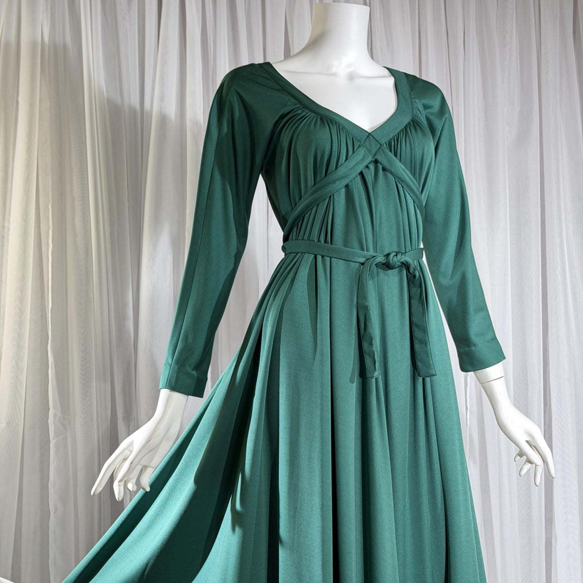 vintage VICTOR COSTA evening dress, 1970s Forest Green jersey knit goddess gown
