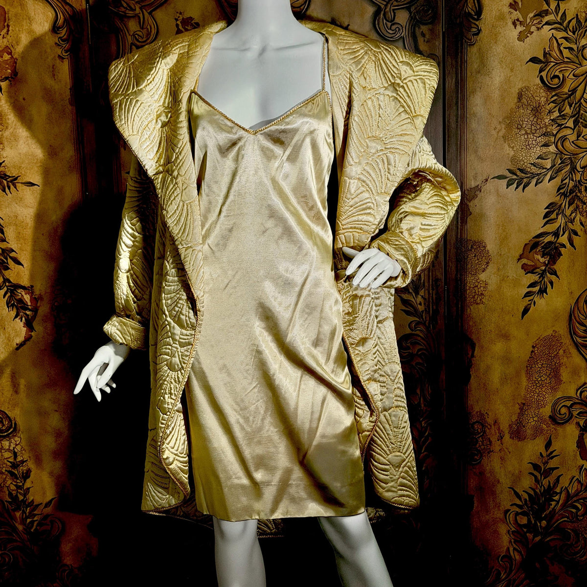 vintage JOAN RAINES 1980s evening dress set, Gold satin cocoon coat and slip dress ensemble