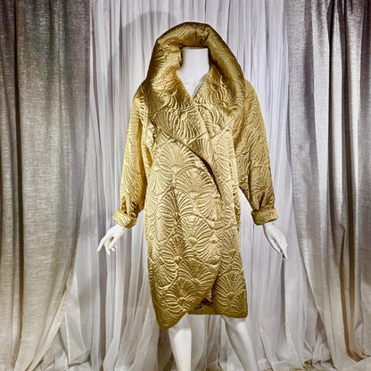 vintage JOAN RAINES 1980s evening dress set, Gold satin cocoon coat and slip dress ensemble