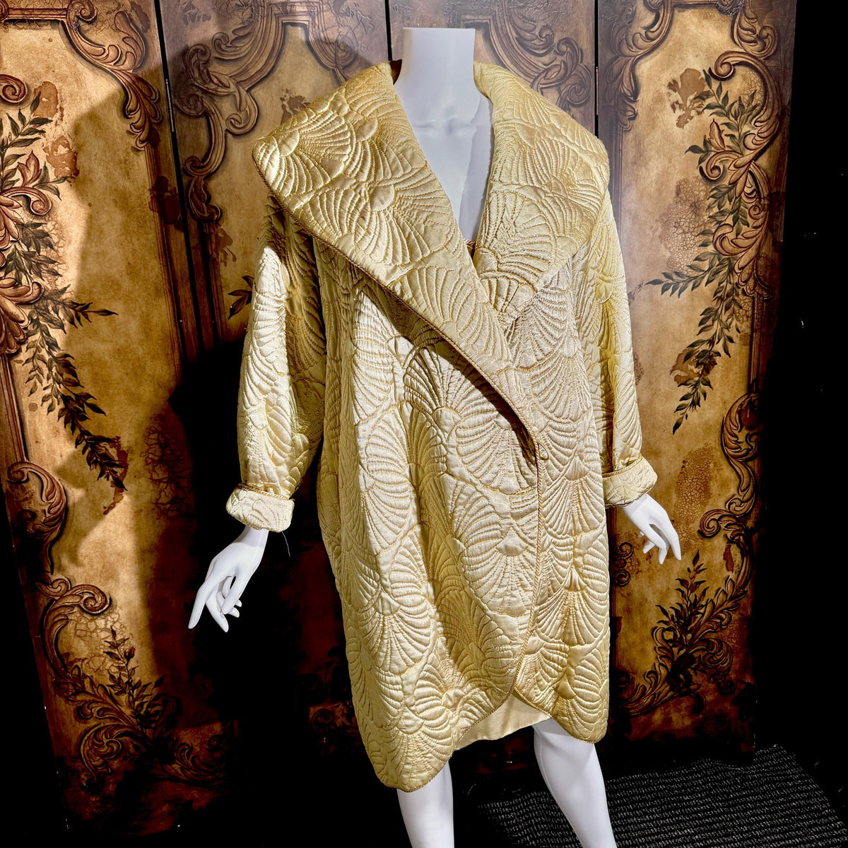 vintage JOAN RAINES 1980s evening dress set, Gold satin cocoon coat and slip dress ensemble
