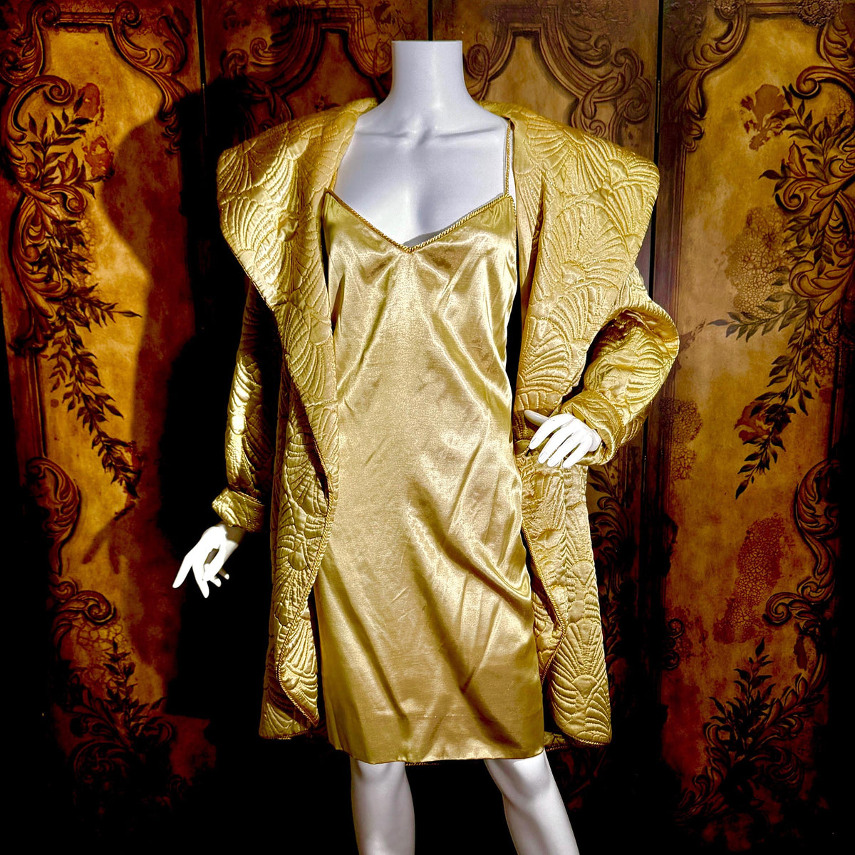 vintage JOAN RAINES 1980s evening dress set, Gold satin cocoon coat and slip dress ensemble