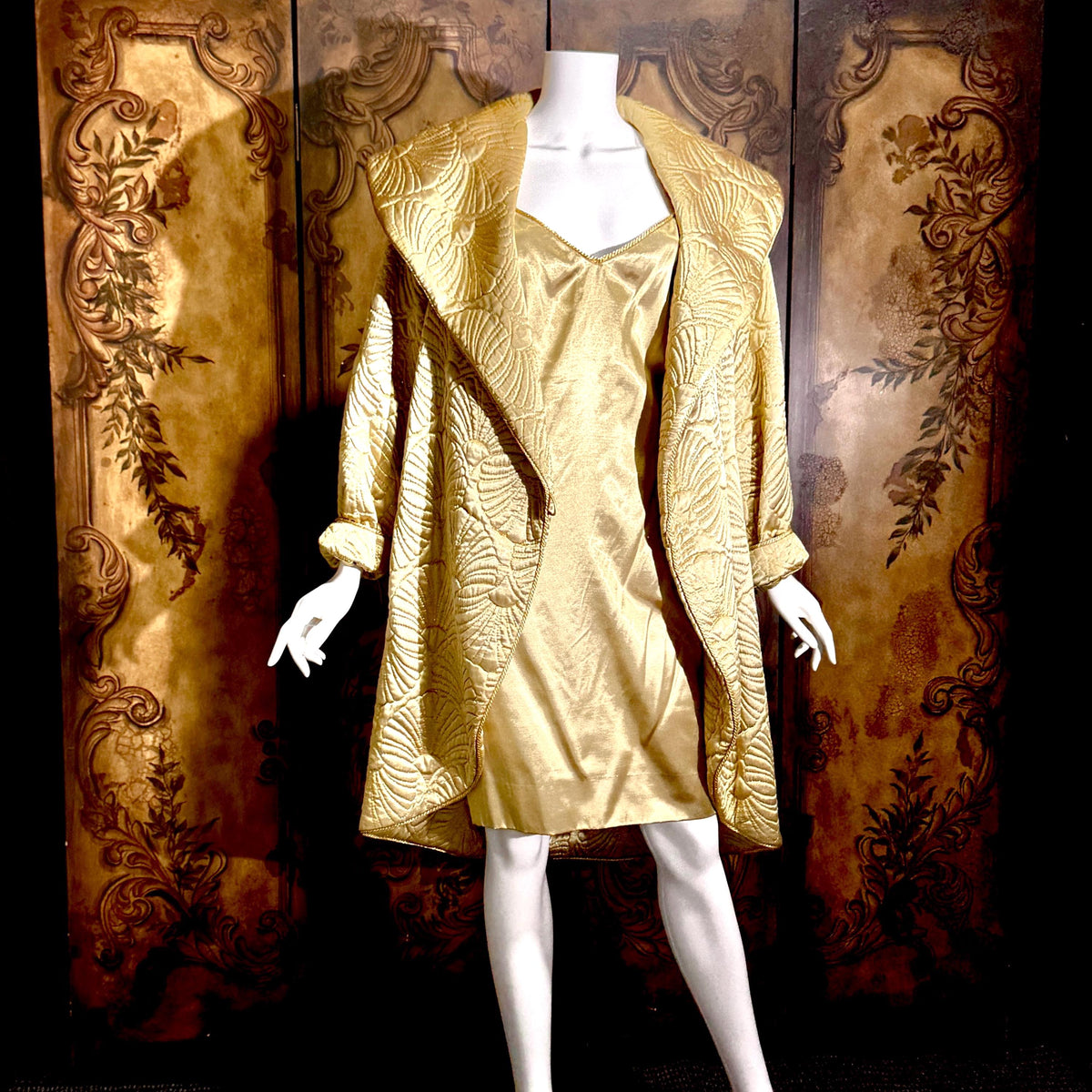 vintage JOAN RAINES 1980s evening dress set, Gold satin cocoon coat and slip dress ensemble
