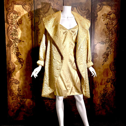 vintage JOAN RAINES 1980s evening dress set, Gold satin cocoon coat and slip dress ensemble