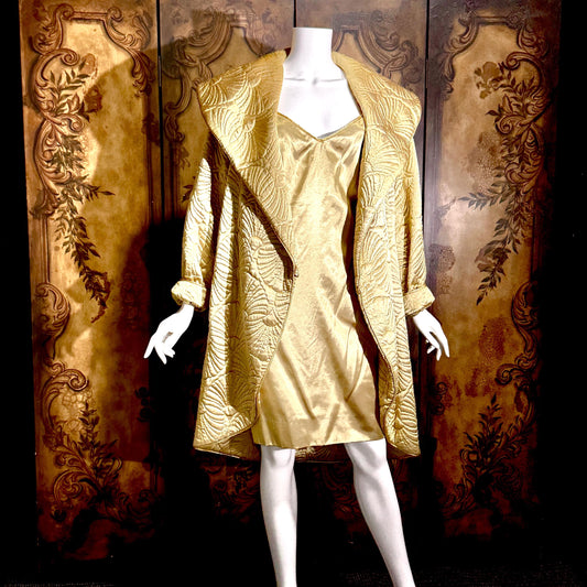vintage JOAN RAINES 1980s evening dress set, Gold satin cocoon coat and slip dress ensemble