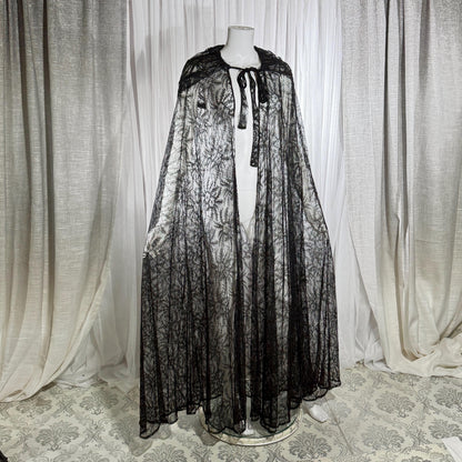 Victorian Antique Chantilly Lace Cape, 1900s Black Hooded Opera Cloak