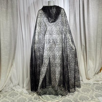 Victorian Antique Chantilly Lace Cape, 1900s Black Hooded Opera Cloak