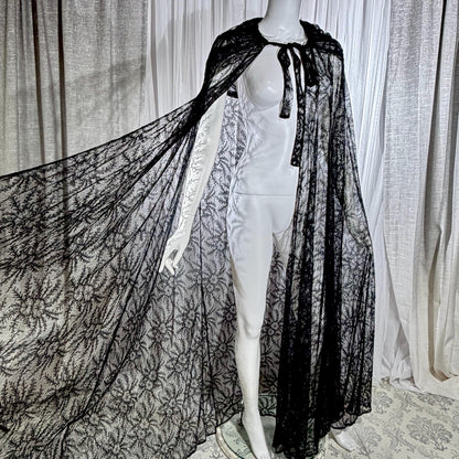Victorian Antique Chantilly Lace Cape, 1900s Black Hooded Opera Cloak