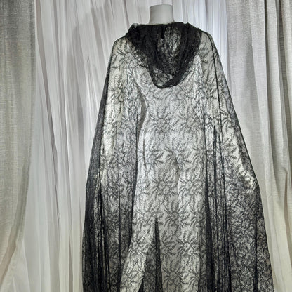 Victorian Antique Chantilly Lace Cape, 1900s Black Hooded Opera Cloak