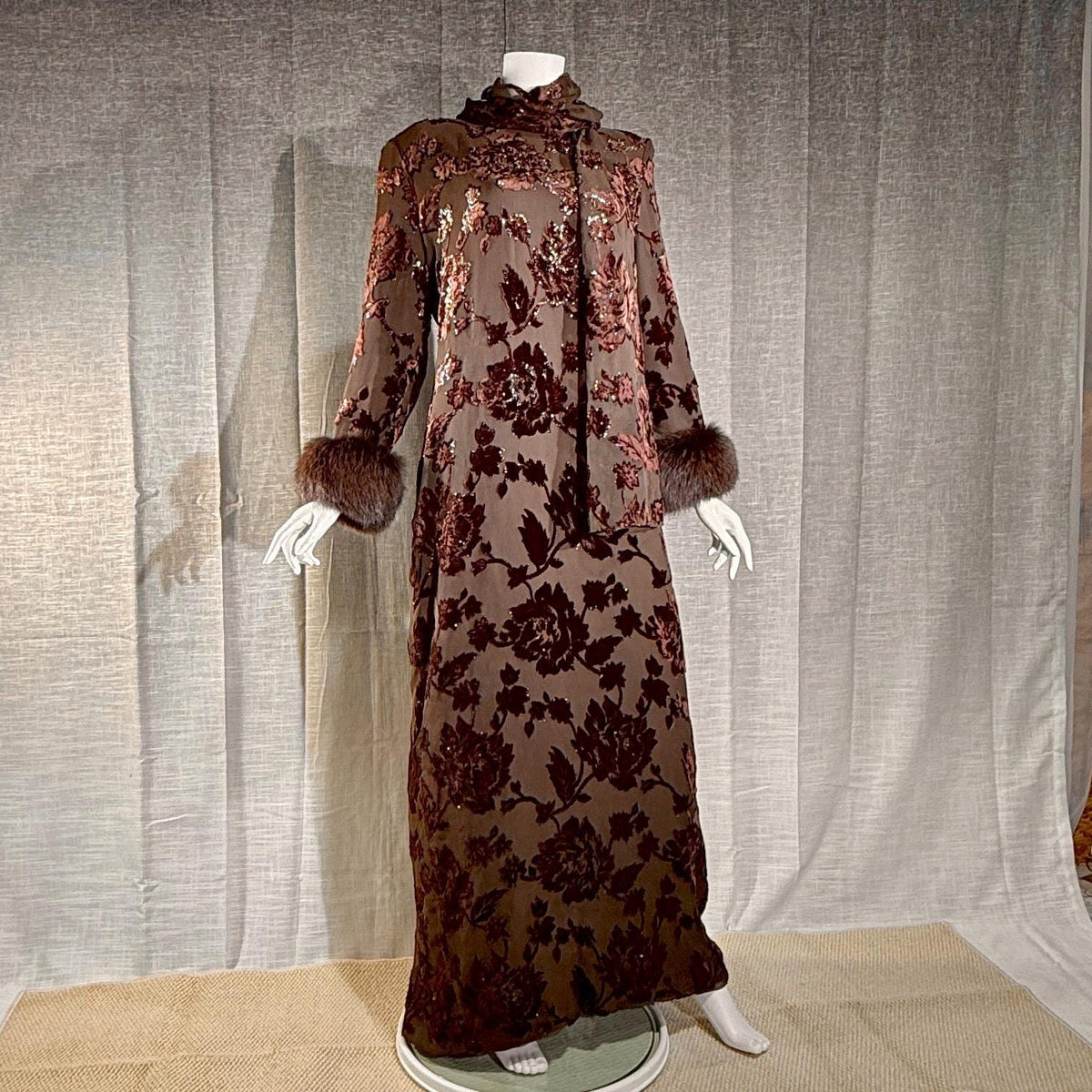vintage 1980s NEIMAN MARCUS evening dress gown, Brown Floral Devore Burnout Shift Gown Large