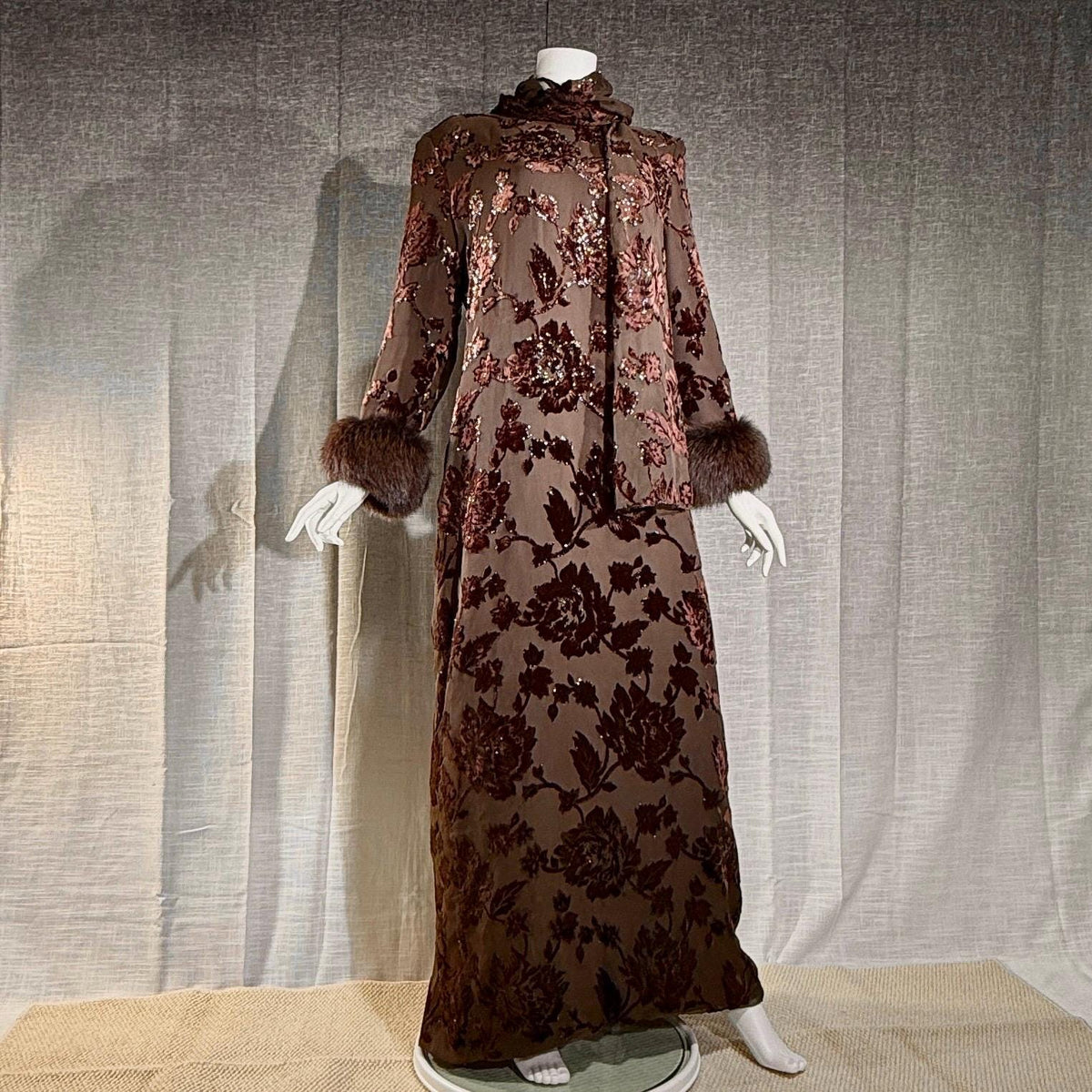 vintage 1980s NEIMAN MARCUS evening dress gown, Brown Floral Devore Burnout Shift Gown Large