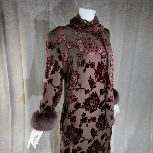 vintage 1980s NEIMAN MARCUS evening dress gown, Brown Floral Devore Burnout Shift Gown Large