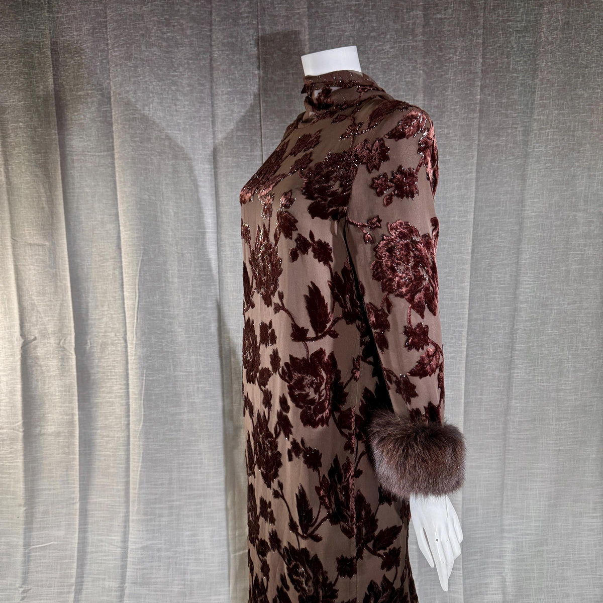 vintage 1980s NEIMAN MARCUS evening dress gown, Brown Floral Devore Burnout Shift Gown Large