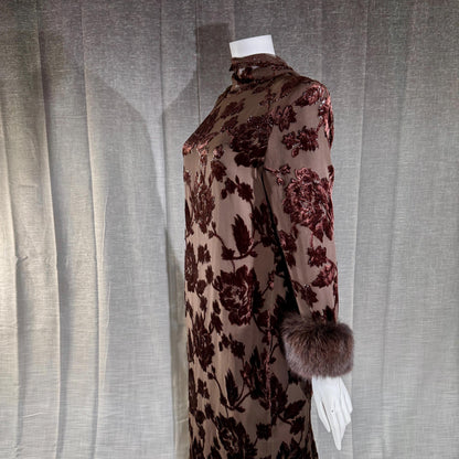 vintage 1980s NEIMAN MARCUS evening dress gown, Brown Floral Devore Burnout Shift Gown Large