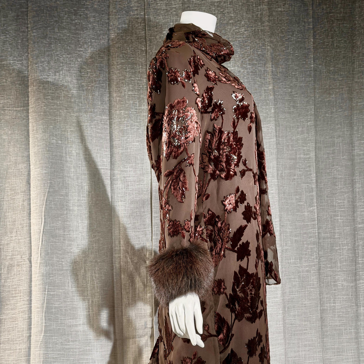 vintage 1980s NEIMAN MARCUS evening dress gown, Brown Floral Devore Burnout Shift Gown Large