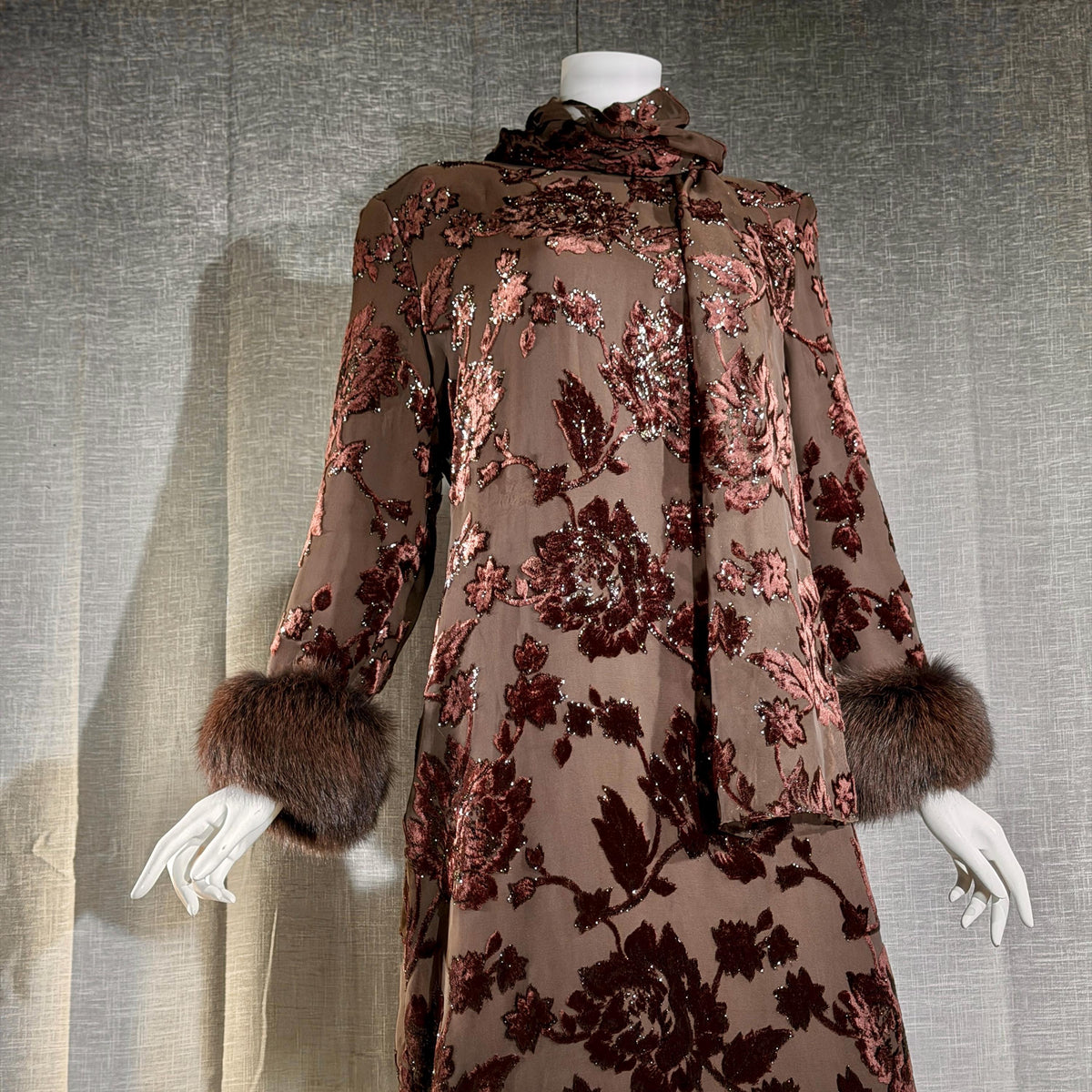 vintage 1980s NEIMAN MARCUS evening dress gown, Brown Floral Devore Burnout Shift Gown Large