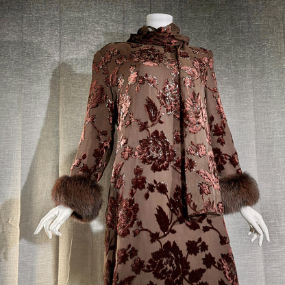 vintage 1980s NEIMAN MARCUS evening dress gown, Brown Floral Devore Burnout Shift Gown Large