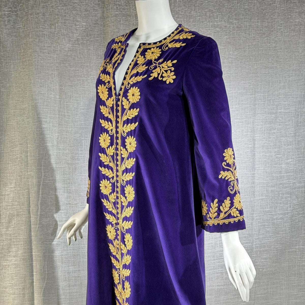 MALOUF Perfect Negligee, I. MAGNIN, 1960s vintage caftan evening dress, Royal Purple velvet and gold metallic & rhinestones Kaftan
