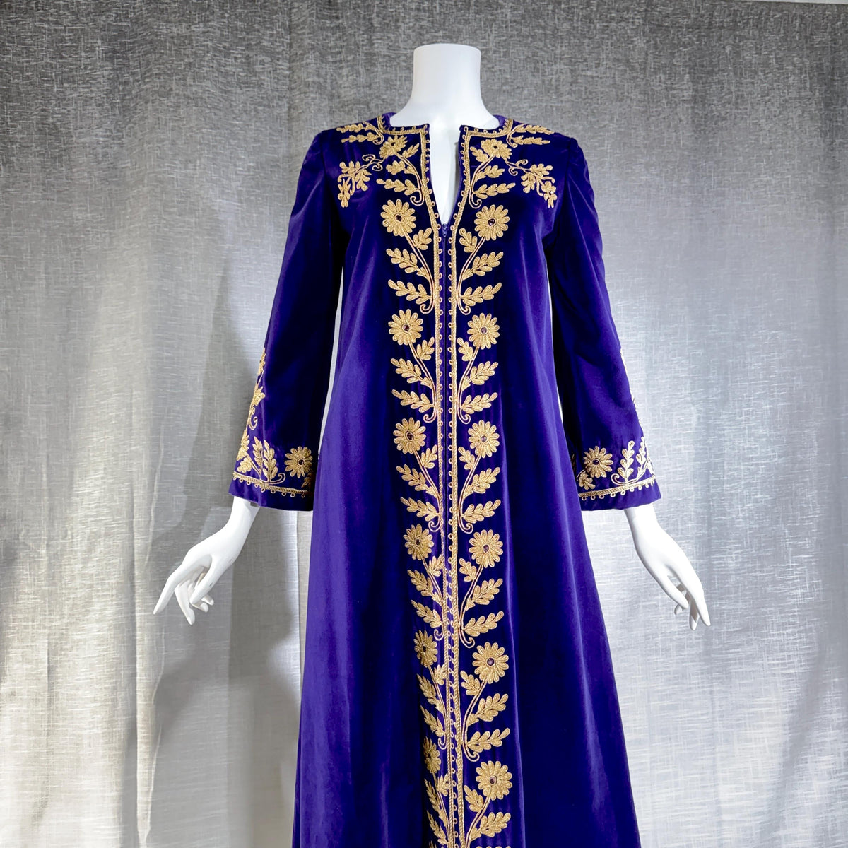 MALOUF Perfect Negligee, I. MAGNIN, 1960s vintage caftan evening dress, Royal Purple velvet and gold metallic & rhinestones Kaftan