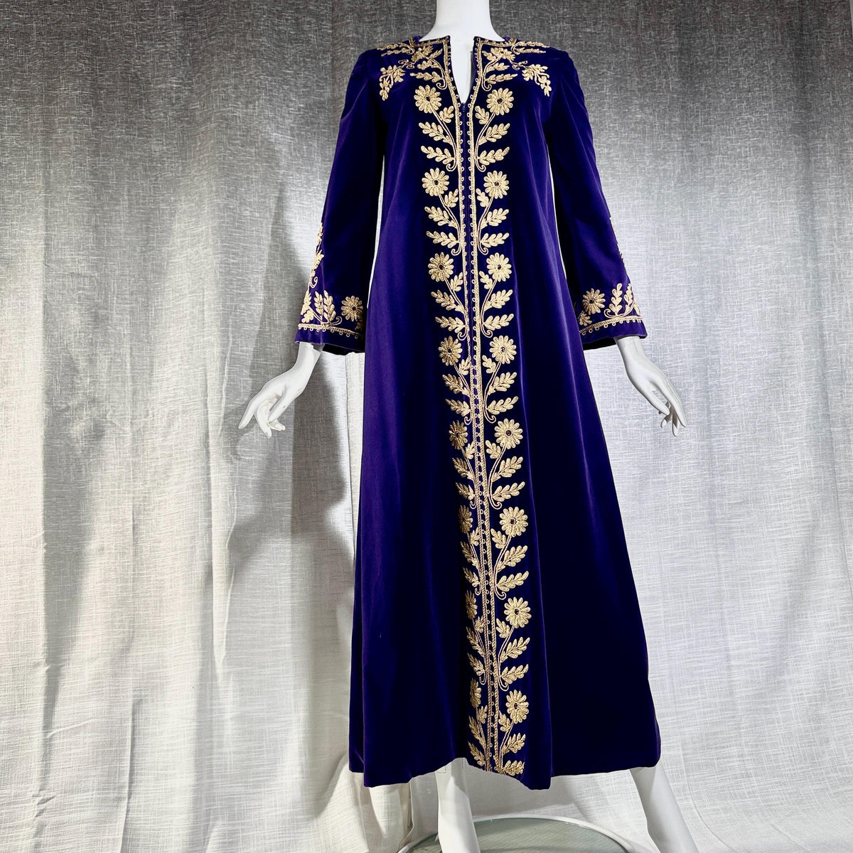 MALOUF Perfect Negligee, I. MAGNIN, 1960s vintage caftan evening dress, Royal Purple velvet and gold metallic & rhinestones Kaftan