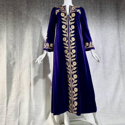 MALOUF Perfect Negligee, I. MAGNIN, 1960s vintage caftan evening dress, Royal Purple velvet and gold metallic & rhinestones Kaftan
