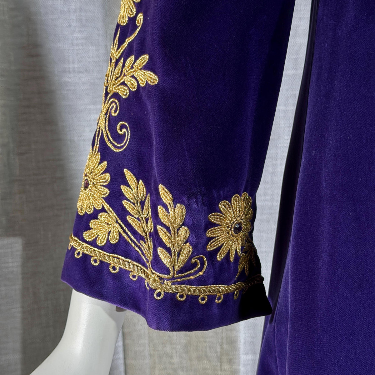 MALOUF Perfect Negligee, I. MAGNIN, 1960s vintage caftan evening dress, Royal Purple velvet and gold metallic & rhinestones Kaftan