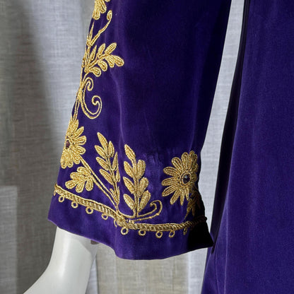 MALOUF Perfect Negligee, I. MAGNIN, 1960s vintage caftan evening dress, Royal Purple velvet and gold metallic & rhinestones Kaftan
