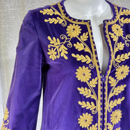 MALOUF Perfect Negligee, I. MAGNIN, 1960s vintage caftan evening dress, Royal Purple velvet and gold metallic & rhinestones Kaftan