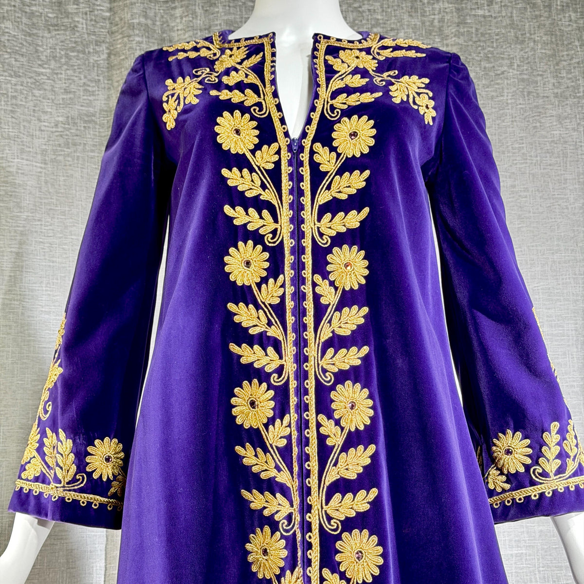 MALOUF Perfect Negligee, I. MAGNIN, 1960s vintage caftan evening dress, Royal Purple velvet and gold metallic & rhinestones Kaftan